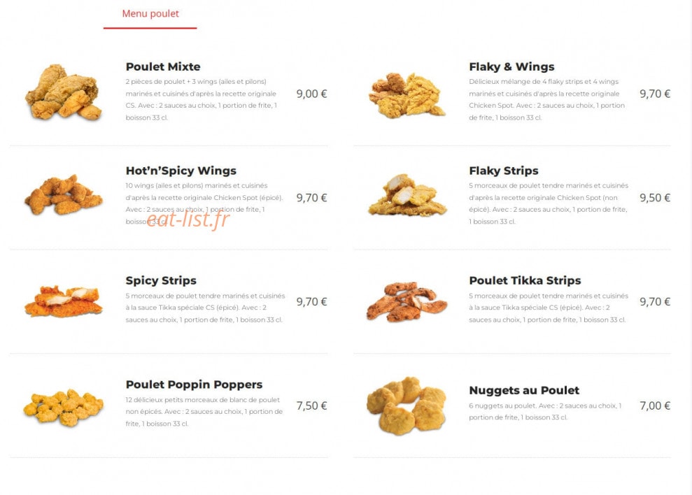 Chicken Spot — carte page 1