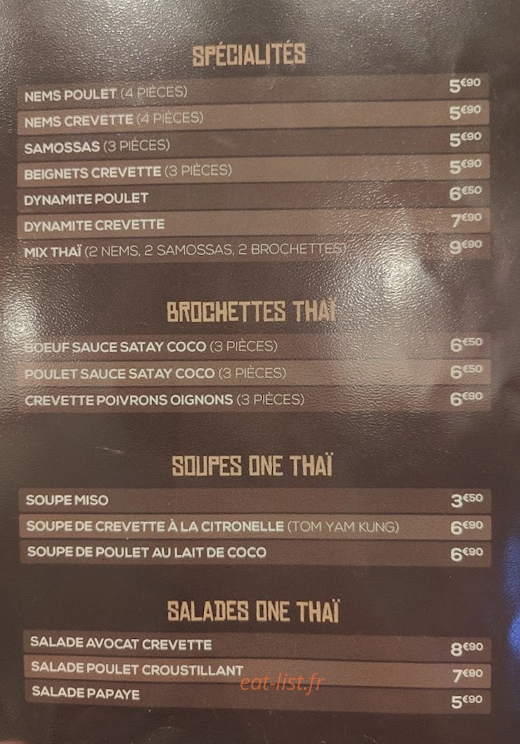 One Thaï — carte page 1