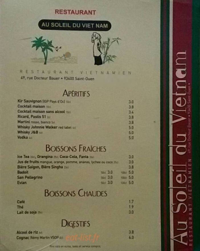 Carte et menu de Au soleil du Viet Nam à Saint Ouen — Les boissons