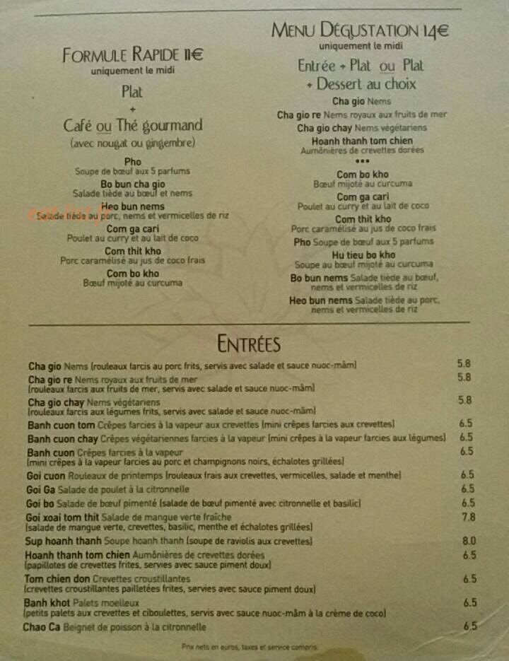 Carte et menu de Au soleil du Viet Nam à Saint Ouen — Les menus et entrées