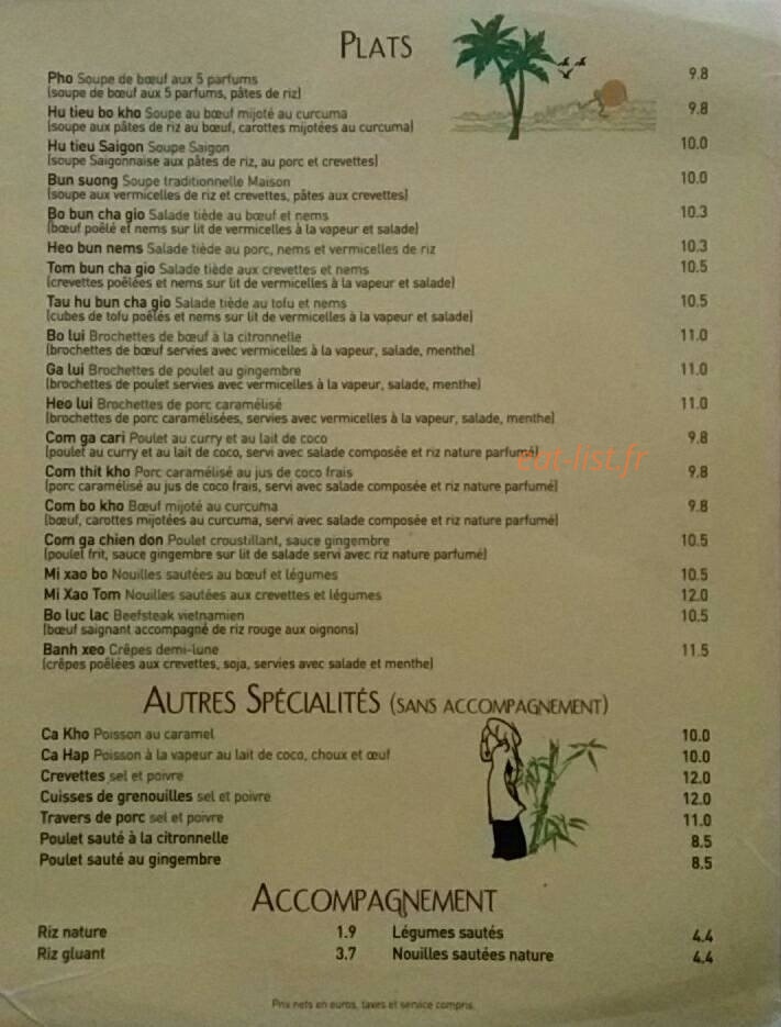Carte et menu de Au soleil du Viet Nam à Saint Ouen — Les plats, spécialités et accompagnements