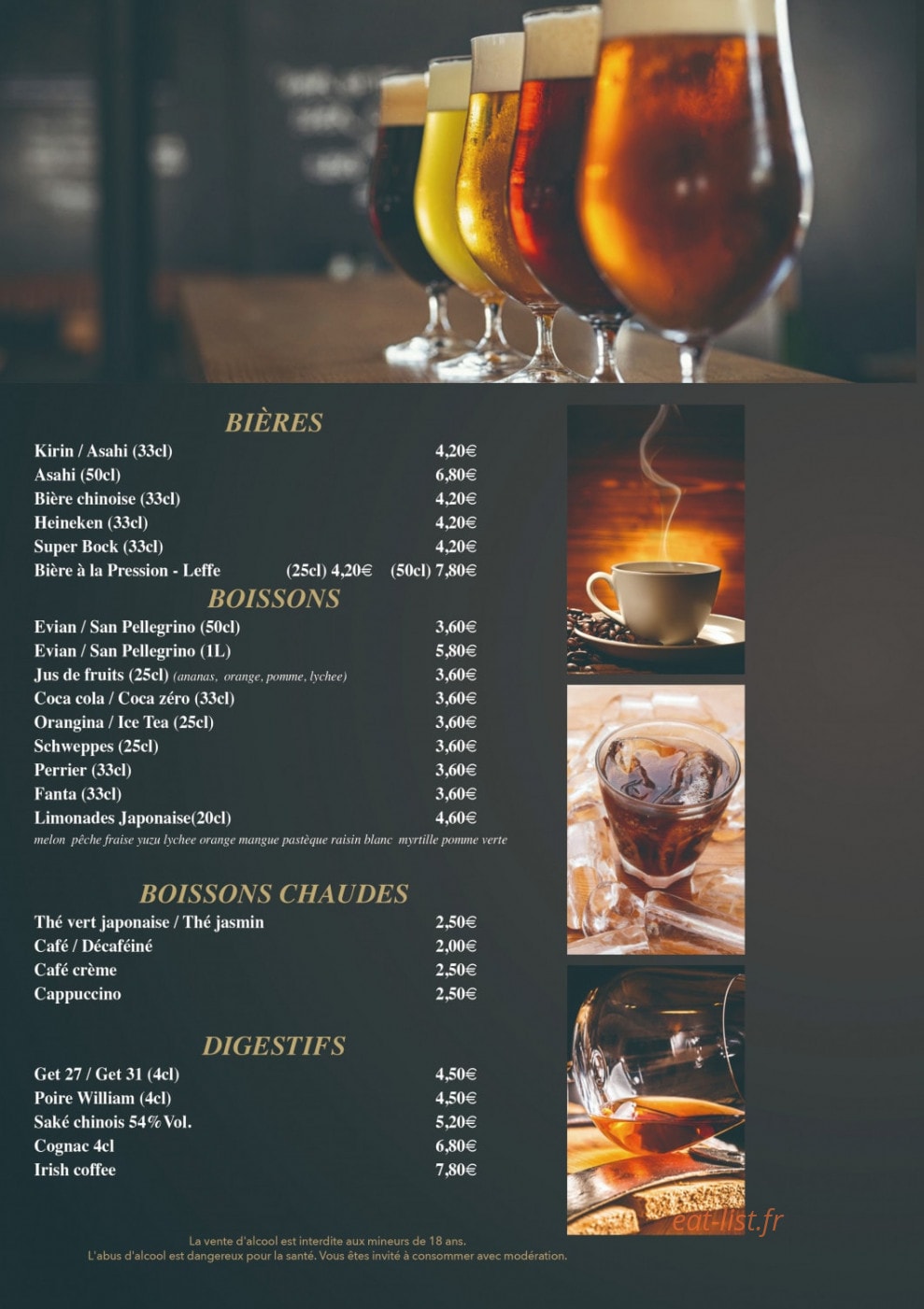Carte et menu de Ozakaya à Gournay sur Marne — Les bières, boissons, ...