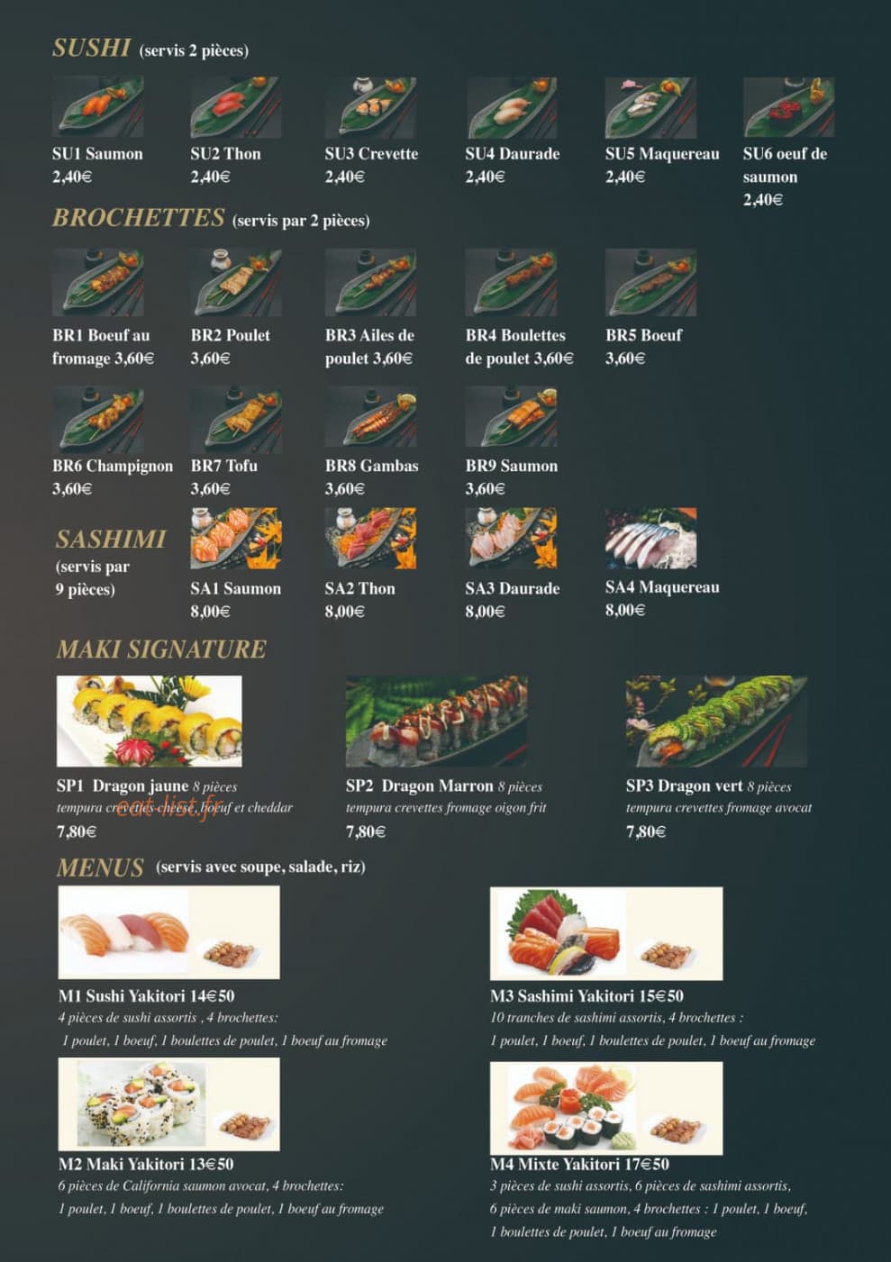 Carte et menu de Ozakaya à Gournay sur Marne — Les sushi, brochettes, ...
