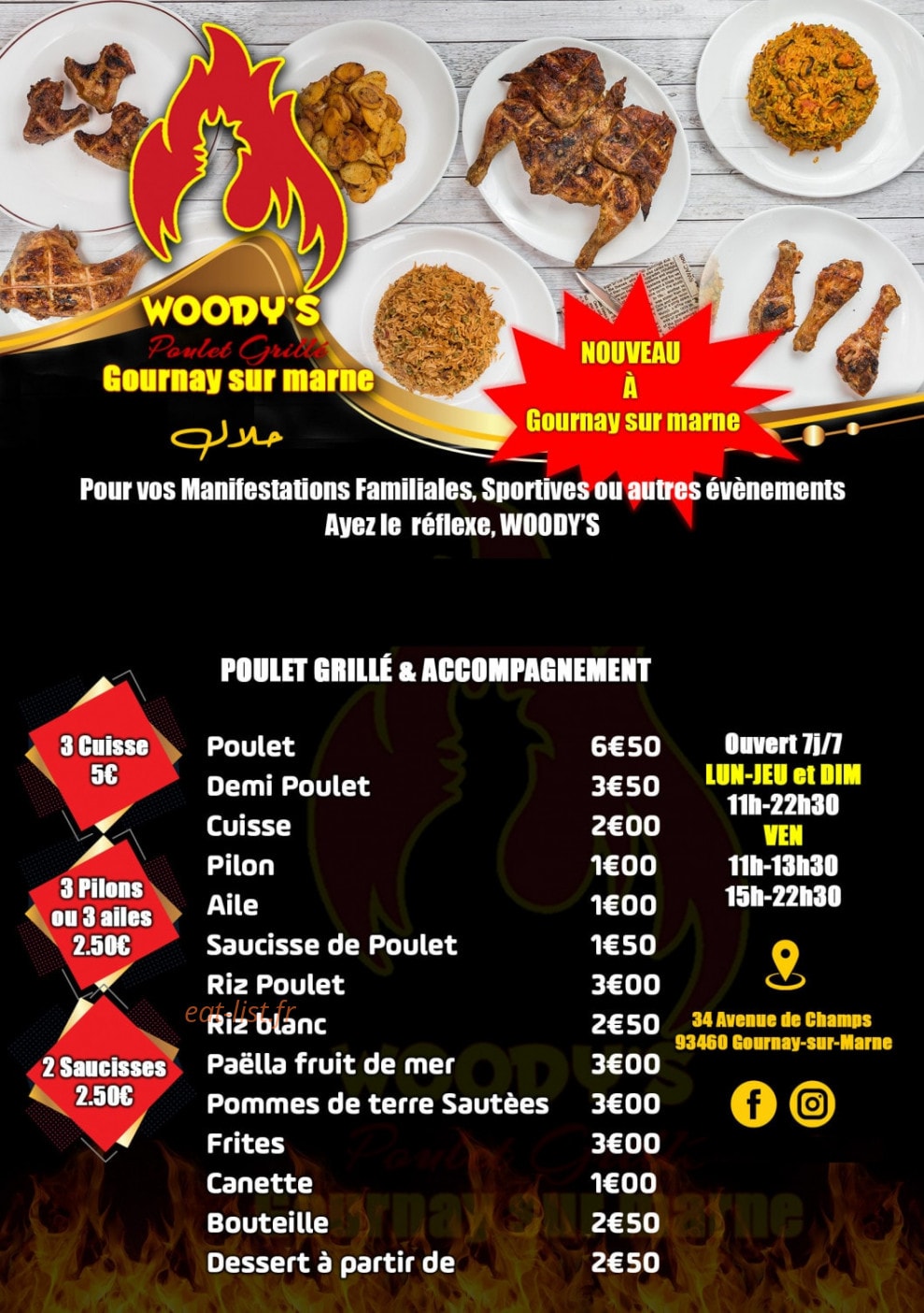 Carte et menu de Woody's poulet grillé à Gournay sur Marne — La carte