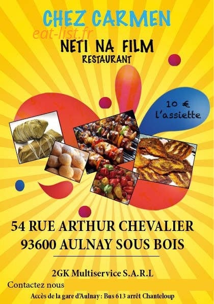 Carte et menu de Chez Carmen Neti Na Film à Aulnay Sous Bois — Informations sur les menus