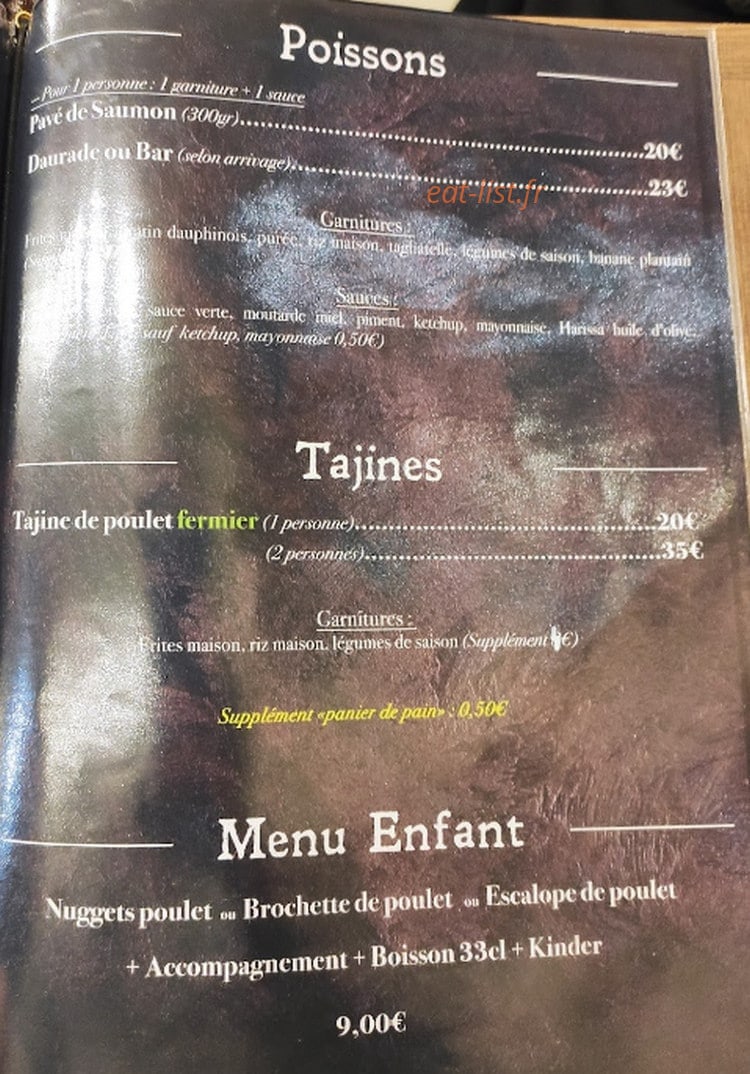 Carte et menu de La Ferme Grill à Aulnay Sous Bois — Les poissons, tajines et menu enfant