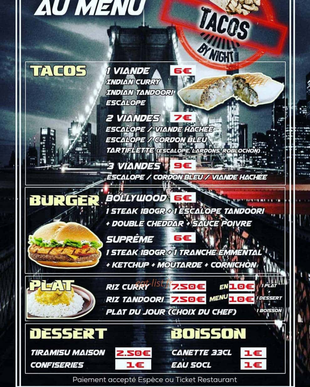 Tacos by night — carte page 1