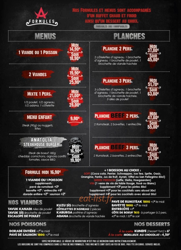 Anatolia Steakhouse — carte page 1