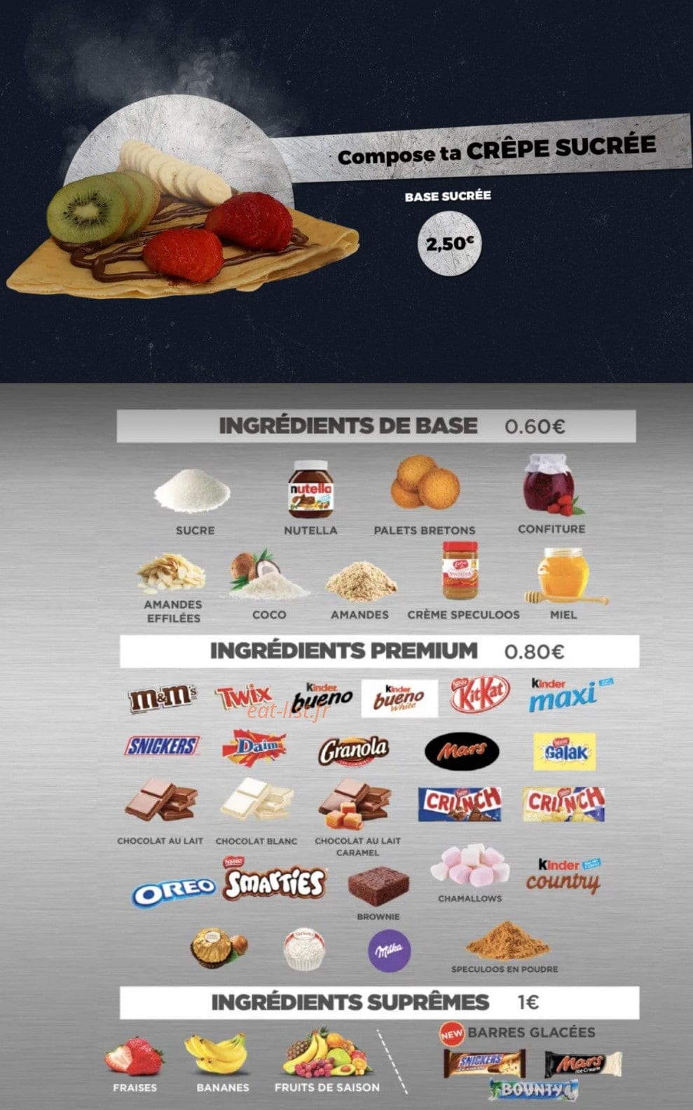 Carte et menu de Crep'n Street à Epinay sur Seine — Composition de nos crêpes sucrée
