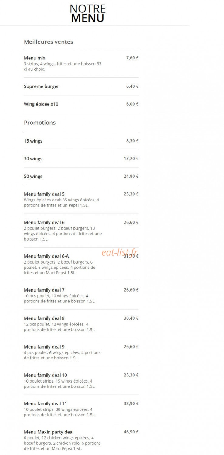 Maxin Chicken — carte page 1
