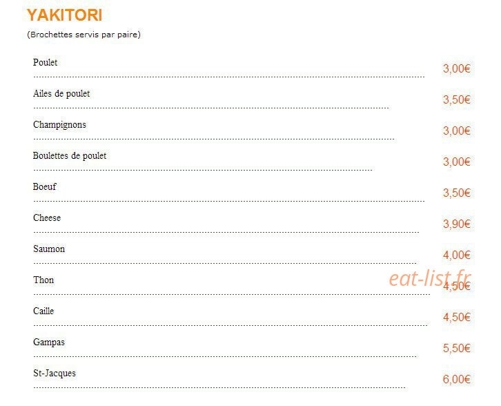 Carte et menu de Sushi Sushi à Epinay sur Seine — Les yakitori
