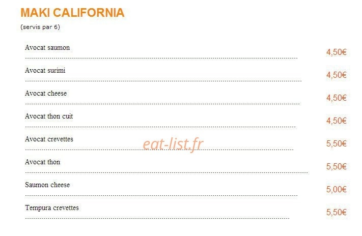 Carte et menu de Sushi Sushi à Epinay sur Seine — Les makis california