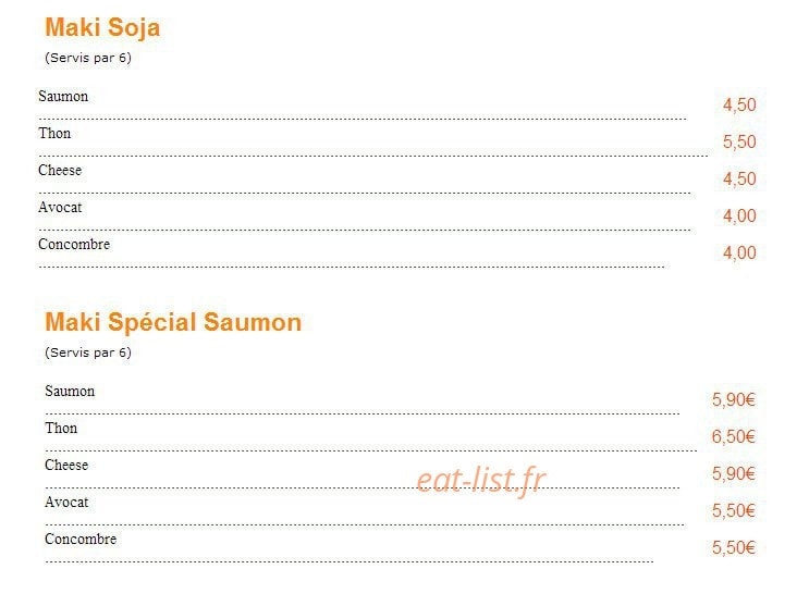 Carte et menu de Sushi Sushi à Epinay sur Seine — Les makis soja et spécial saumon