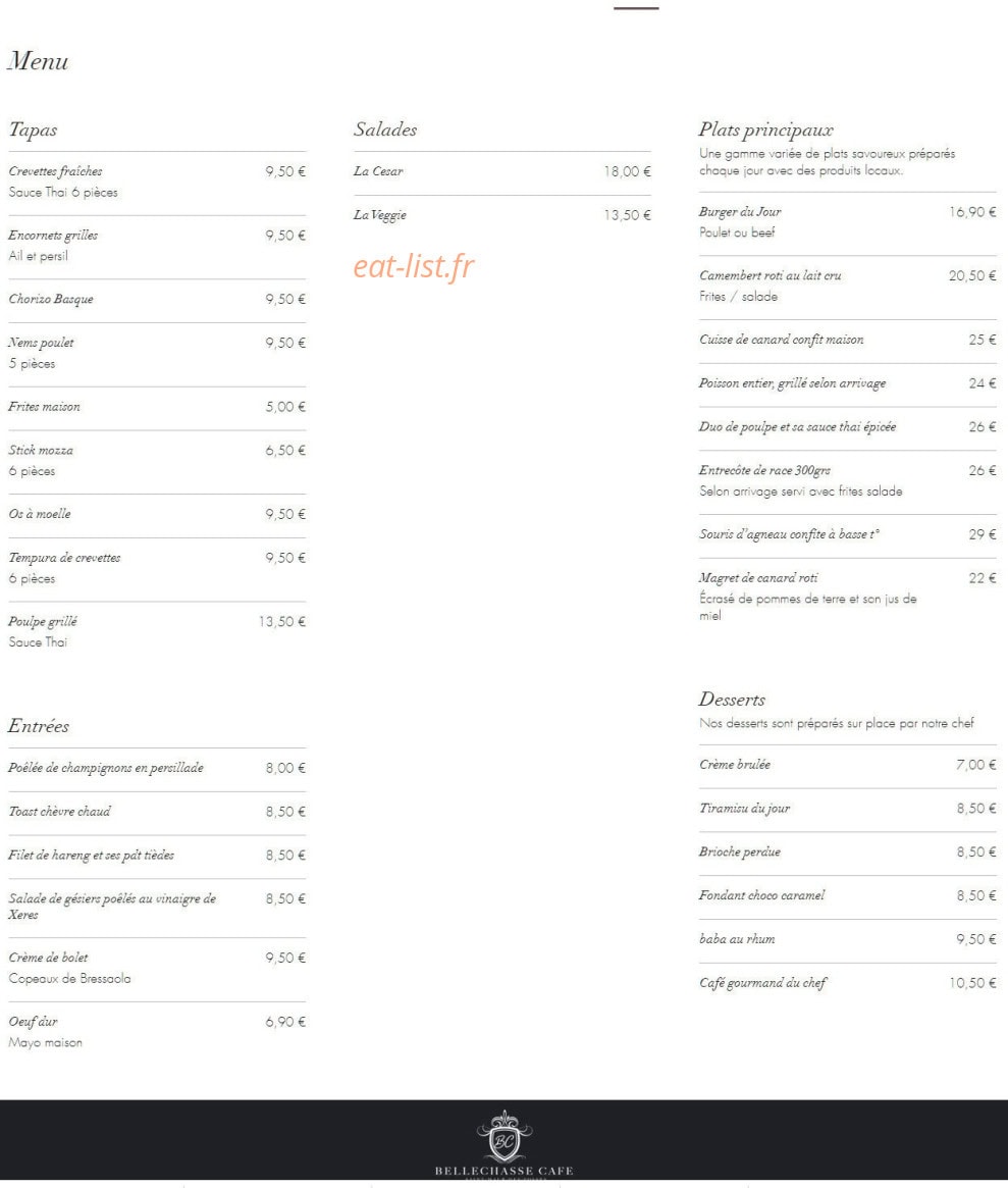 Bellechasse Café — carte page 1
