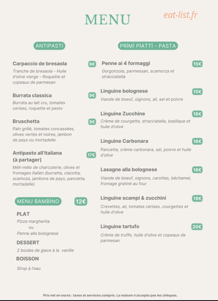 Carte et menu de La Cucina Di Gina à Saint Maur des Fosses — Les entrées, pates et menu bambino, ...