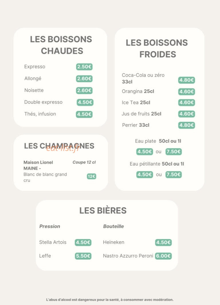 Carte et menu de La Cucina Di Gina à Saint Maur des Fosses — Les boissons chaudes, champagnes et bières, ...