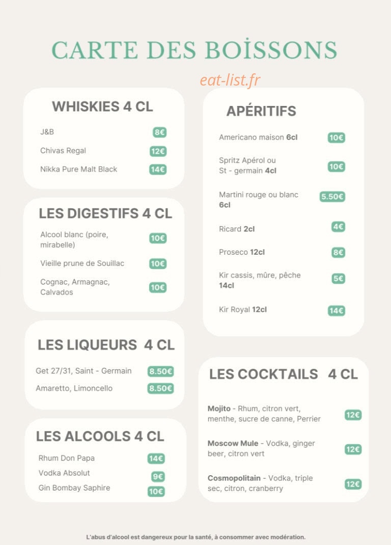 Carte et menu de La Cucina Di Gina à Saint Maur des Fosses — Les apéritifs, digestifs et cocktails, ...
