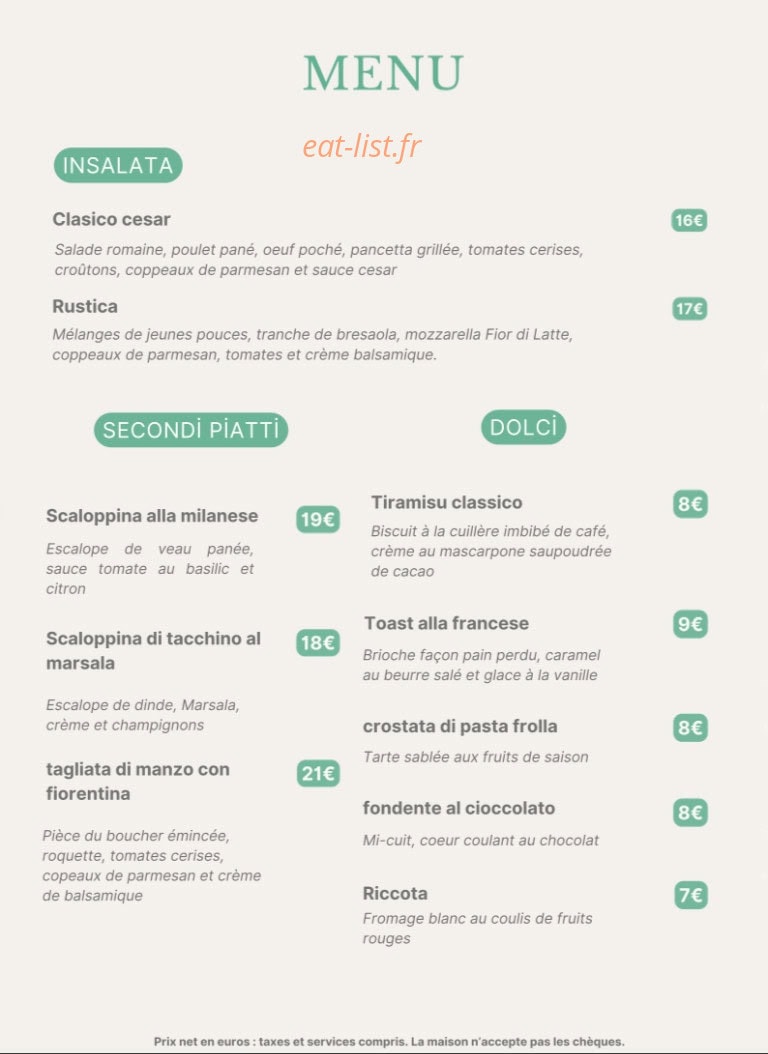 Carte et menu de La Cucina Di Gina à Saint Maur des Fosses — Les salades, plats et desserts