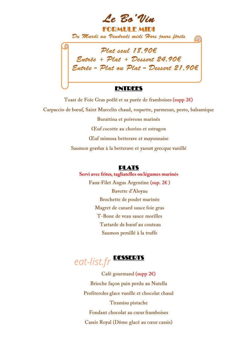 Carte et menu de Le Bo'Vin à Saint Maur des Fosses — Formule midi