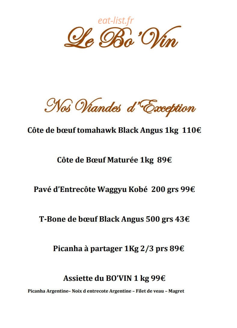 Carte et menu de Le Bo'Vin à Saint Maur des Fosses — Les viandes d'exception