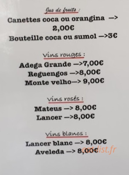 Carte et menu de Les Poulets Almeida à Saint Maur des Fosses — Les jus de fruits et vins