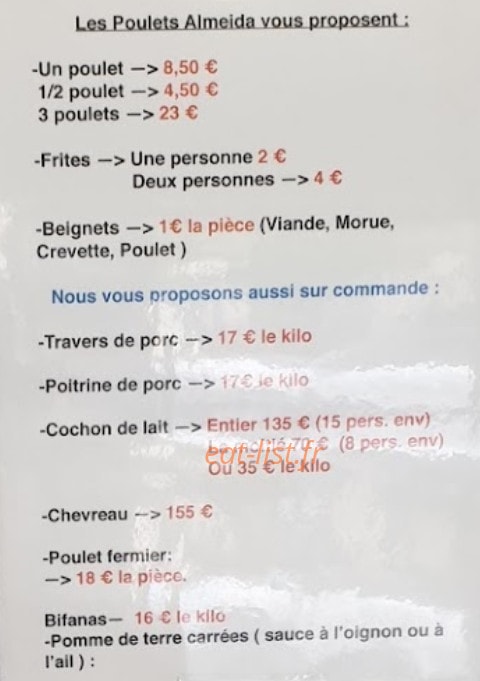 Carte et menu de Les Poulets Almeida à Saint Maur des Fosses — Les plats