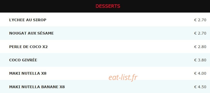 Carte et menu de Sushi Kyoto à Saint Maur des Fosses — Les desserts