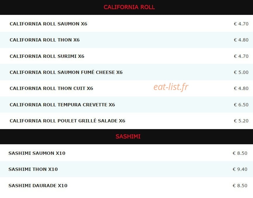Carte et menu de Sushi Kyoto à Saint Maur des Fosses — Les california roll et les sashimi