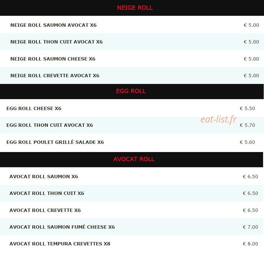Carte et menu de Sushi Kyoto à Saint Maur des Fosses — Les neige roll, les egg roll et les avocat roll