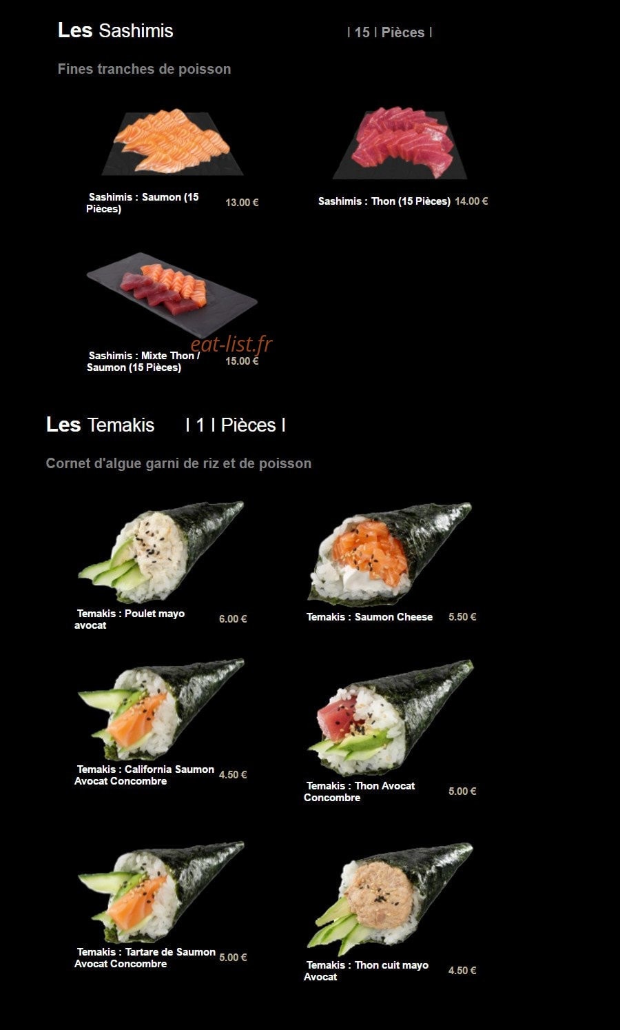 Carte et menu de Sushi Plaza à Saint Maur des Fosses — Les sashimis et temakis