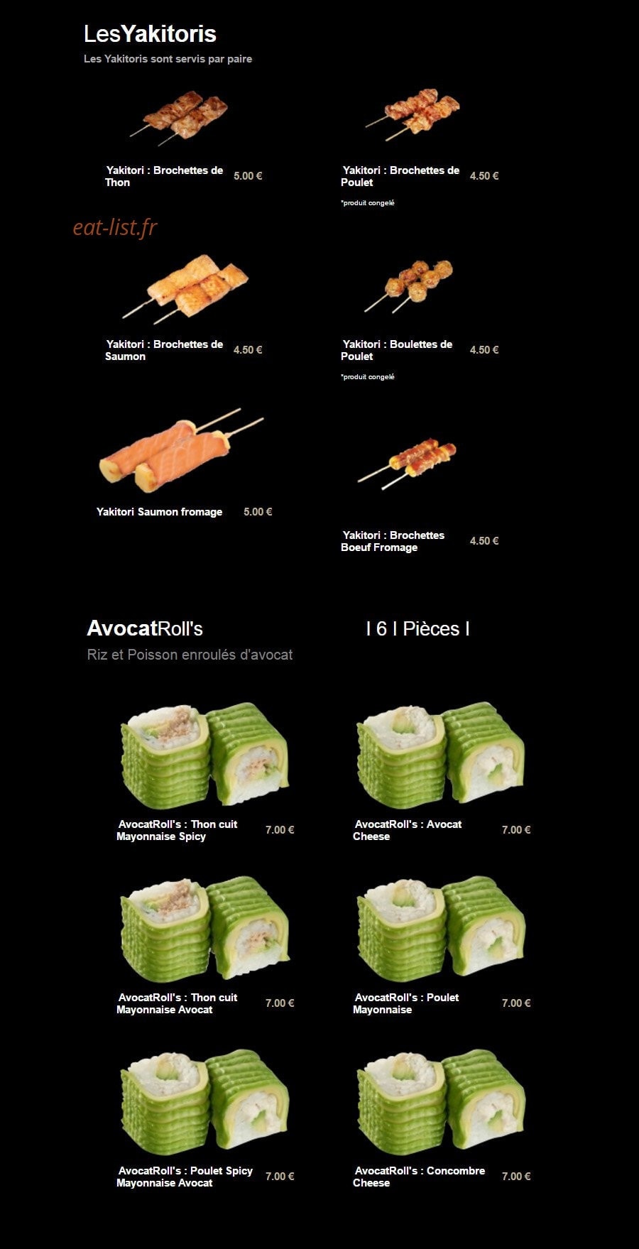 Carte et menu de Sushi Plaza à Saint Maur des Fosses — Les yakitoris et avocat roll's