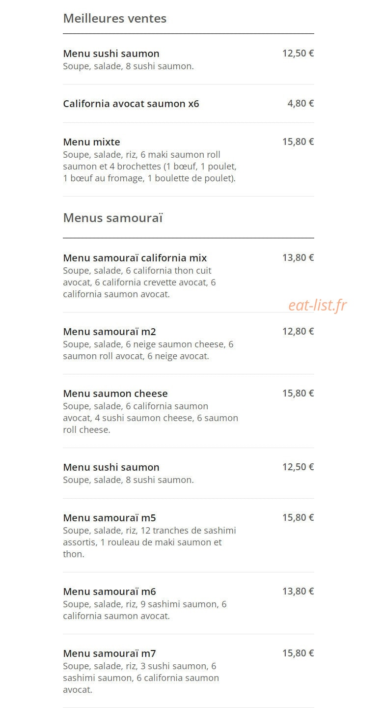 Sushi Samouraï — carte page 1