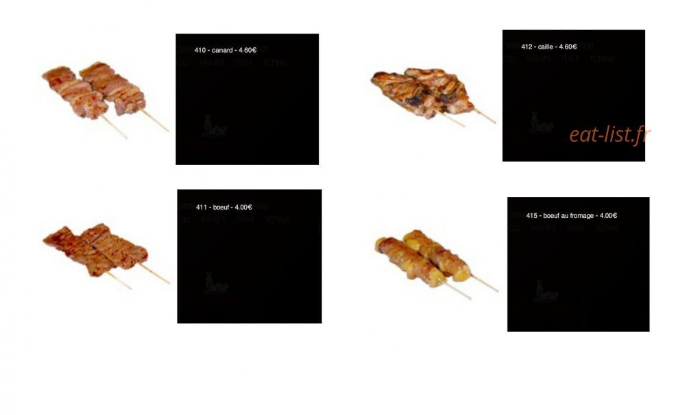 Carte et menu de Sushi Yaki à Saint Maur des Fosses — Les brochettes: gambas, bœuf fromage,......