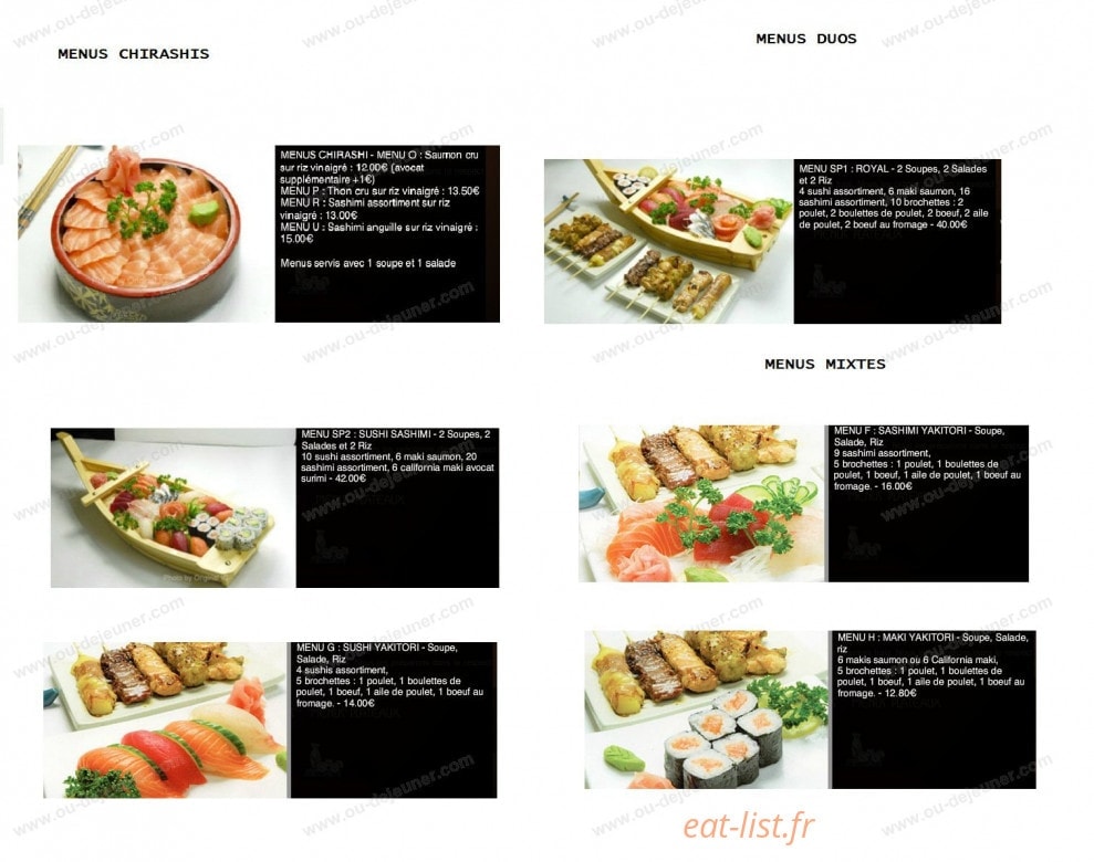 Carte et menu de Sushi Yaki à Saint Maur des Fosses — Les menus chirashis, les menus duos, les menus mixtes