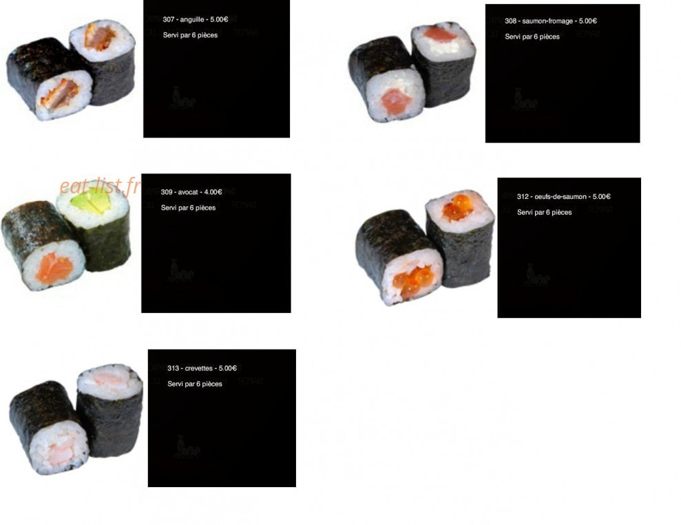 Carte et menu de Sushi Yaki à Saint Maur des Fosses — Les makis: anguille, saumon fromage,....
