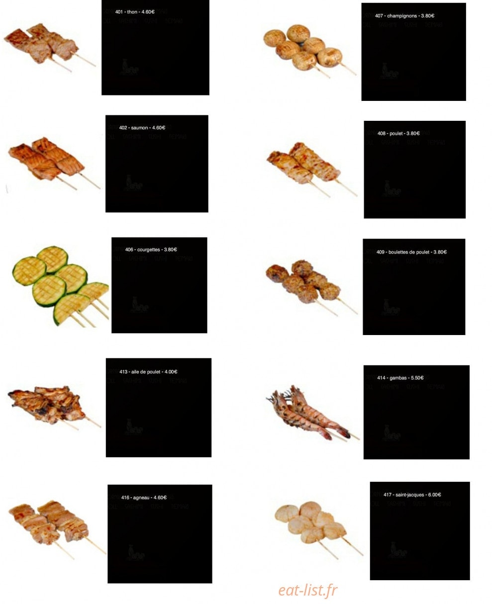 Carte et menu de Sushi Yaki à Saint Maur des Fosses — Les brochettes: thon, saumon,....
