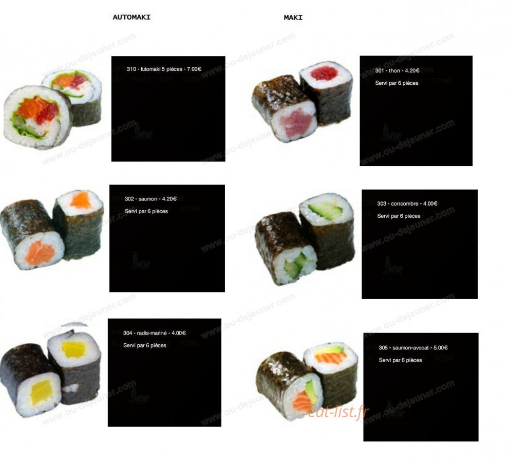 Carte et menu de Sushi Yaki à Saint Maur des Fosses — Les automaki et les makis