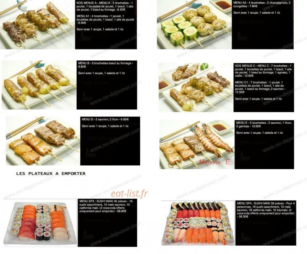 Carte et menu de Sushi Yaki à Saint Maur des Fosses — Les menus yakitoris et les plateaux à emporter