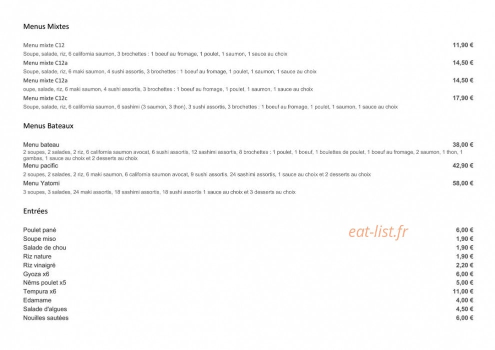Carte et menu de Sushi yatomi à Saint Maur des Fosses — Les menus mixtes et menus bateaux