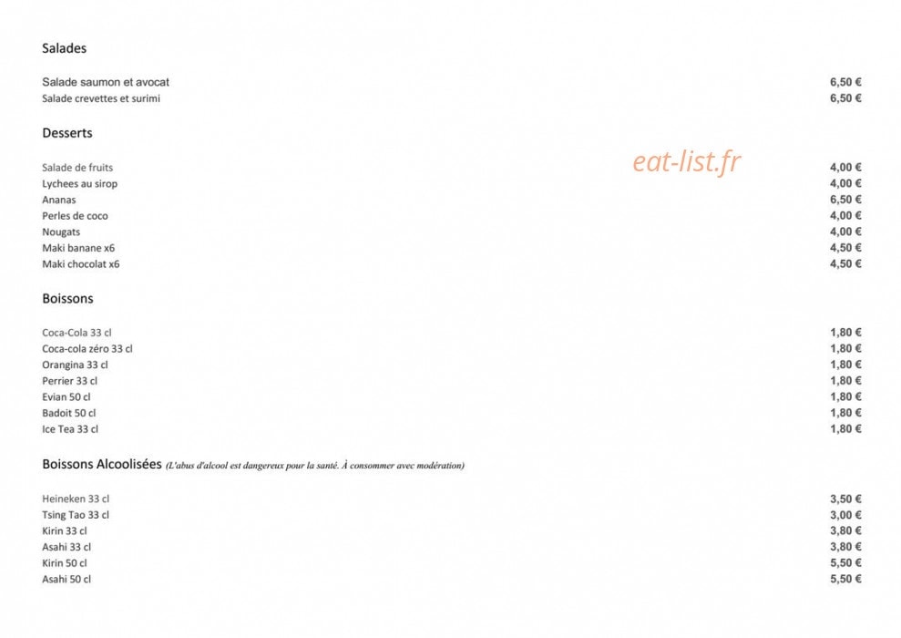 Carte et menu de Sushi yatomi à Saint Maur des Fosses — Les salades, desserts et boissons