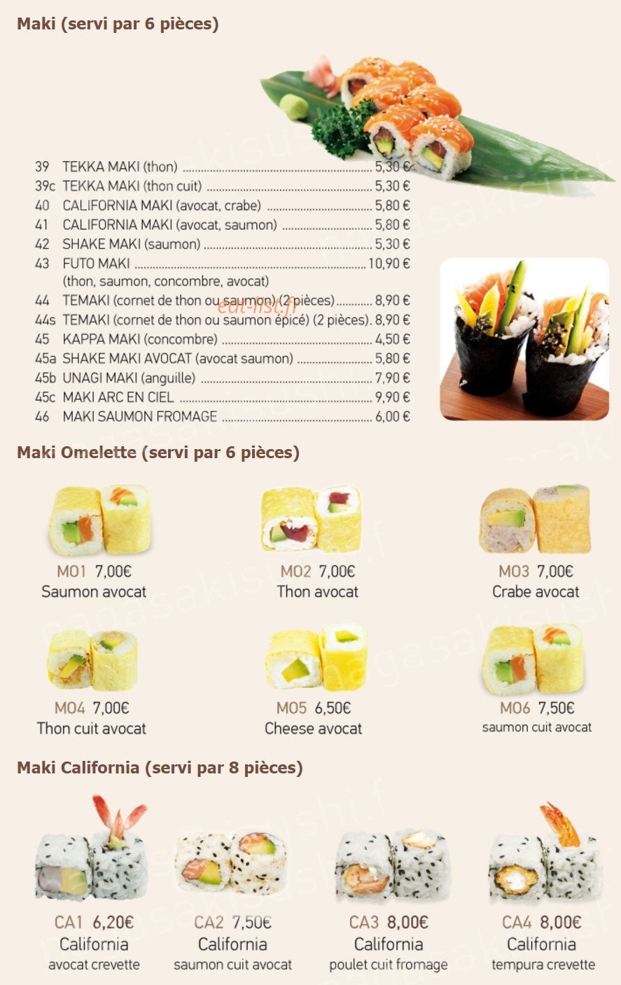 Carte et menu de Tomokazu à Saint Maur des Fosses — Les makis