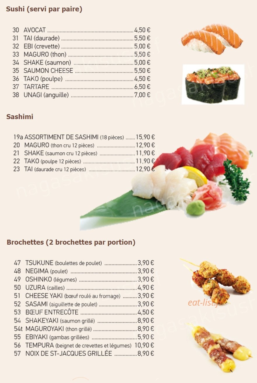 Carte et menu de Tomokazu à Saint Maur des Fosses — Les sushis, sashimis et brochettes