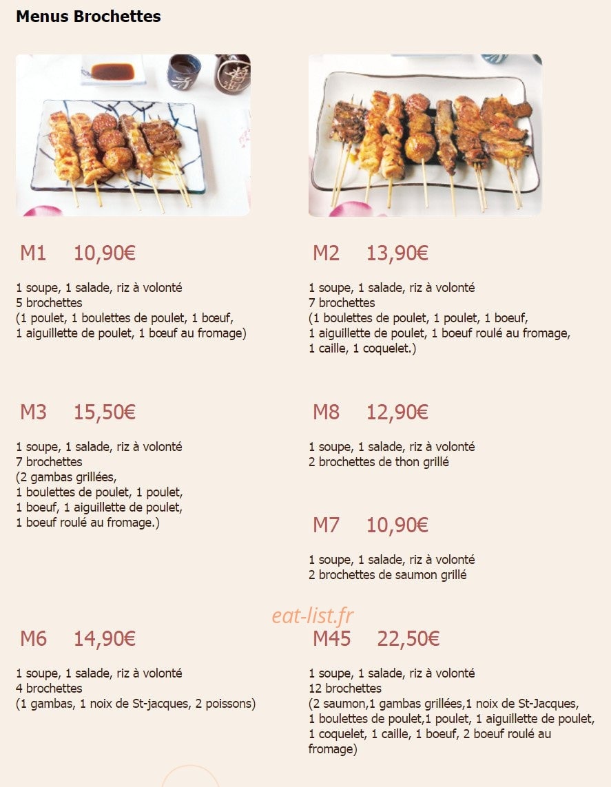Carte et menu de Tomokazu à Saint Maur des Fosses — Les menus brochettes