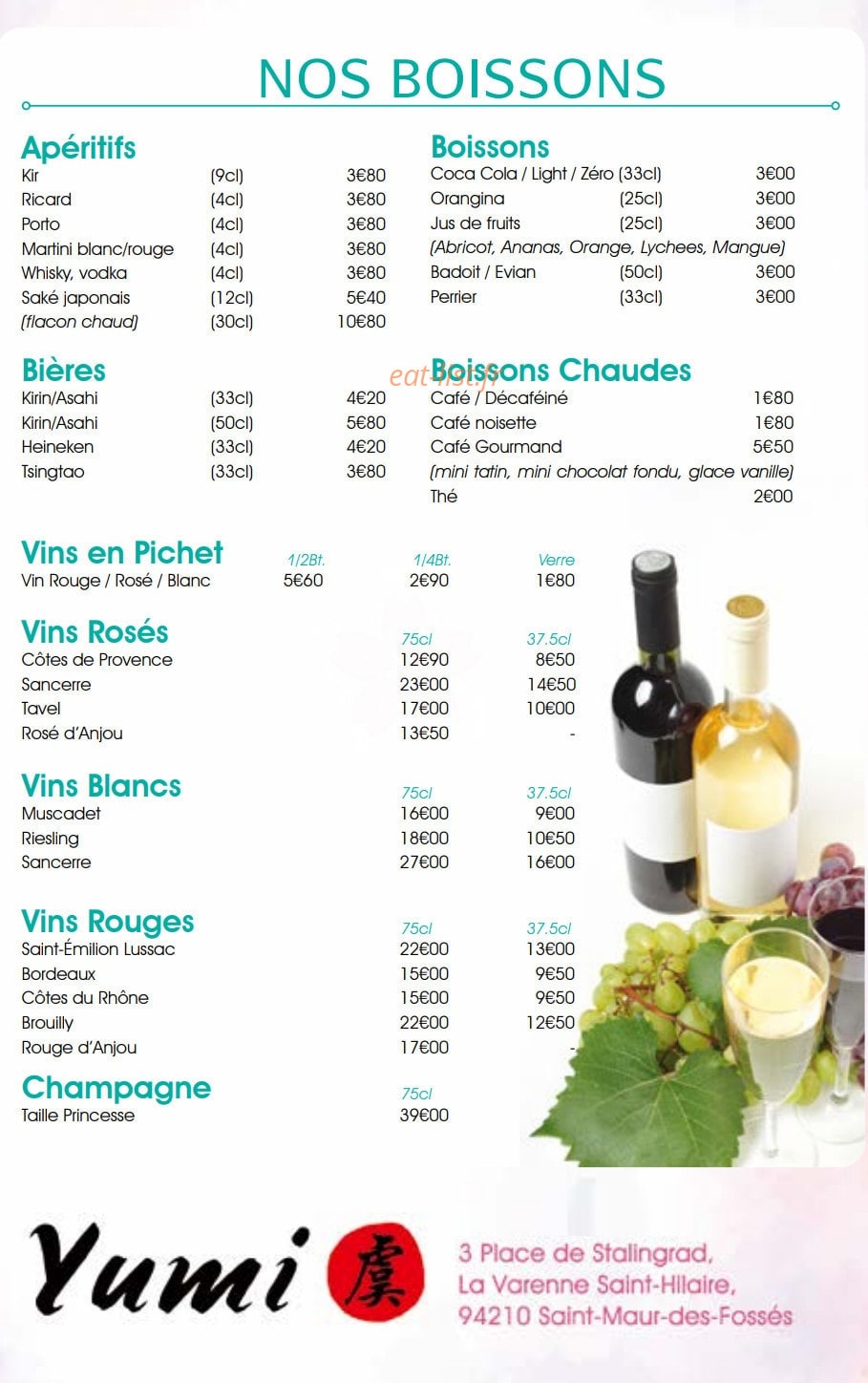 Carte et menu de Yumi Sushi à Saint Maur des Fosses — Les boissons