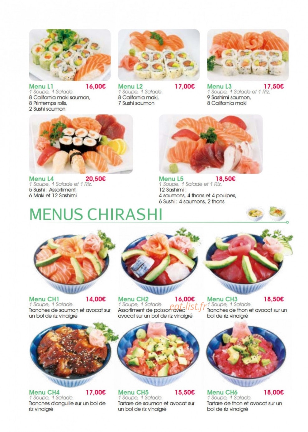 Carte et menu de Yumi Sushi à Saint Maur des Fosses — Menus poissons et menus chirashi
