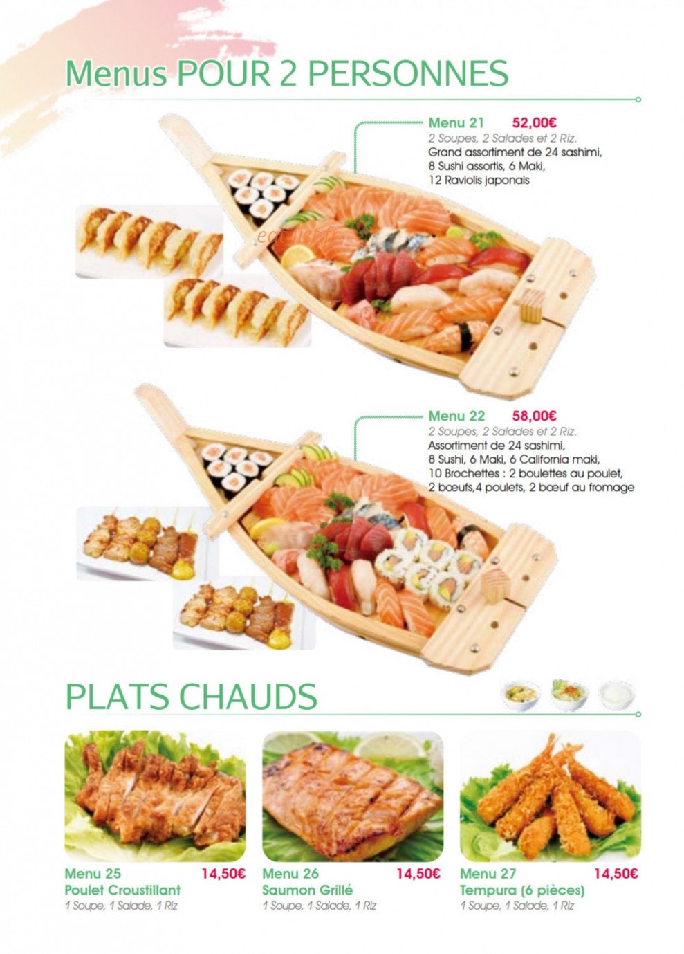 Carte et menu de Yumi Sushi à Saint Maur des Fosses — Menus pour 2 personnes et plats chaudes