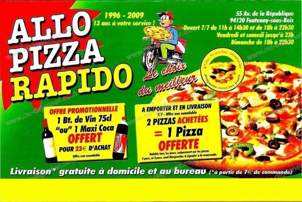 Allo Pizza Rapido à Fontenay Sous Bois - Menu En Ligne