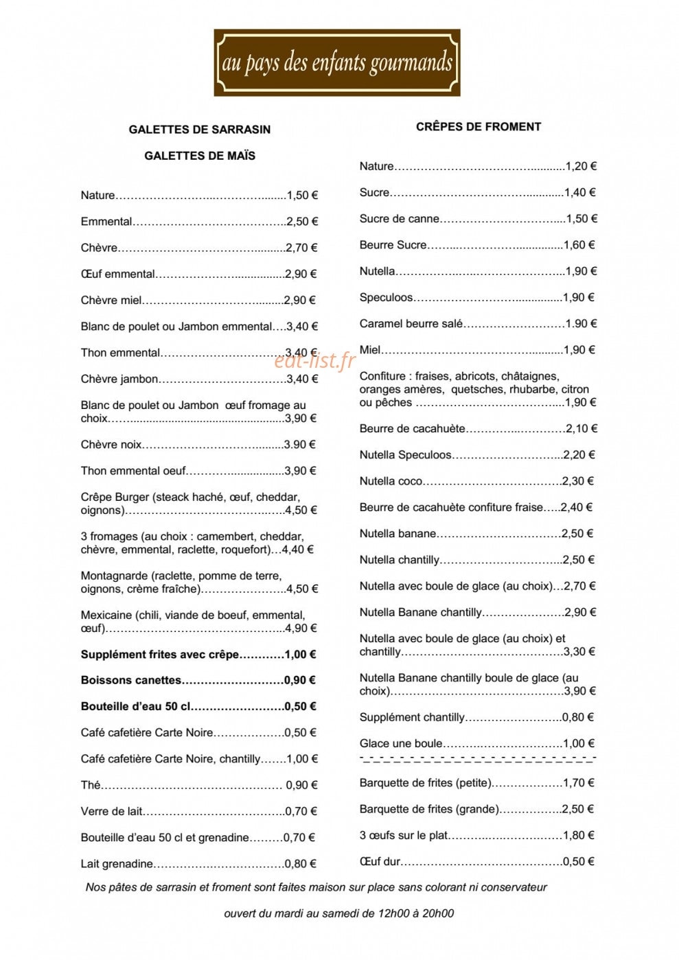 Carte et menu de Au Pays des Enfants Gourmands à Fontenay Sous Bois — Galettes et crêpes