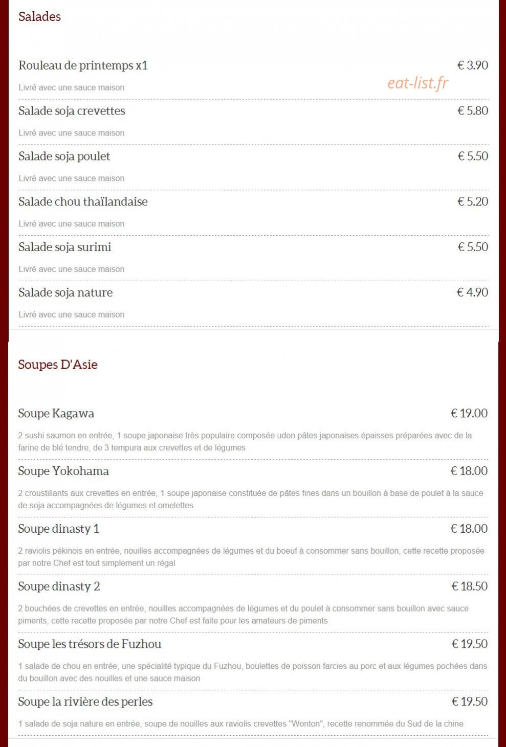 Carte et menu de Dragon d'Orient Japonais à Fontenay Sous Bois — Salades et soupe d'asie