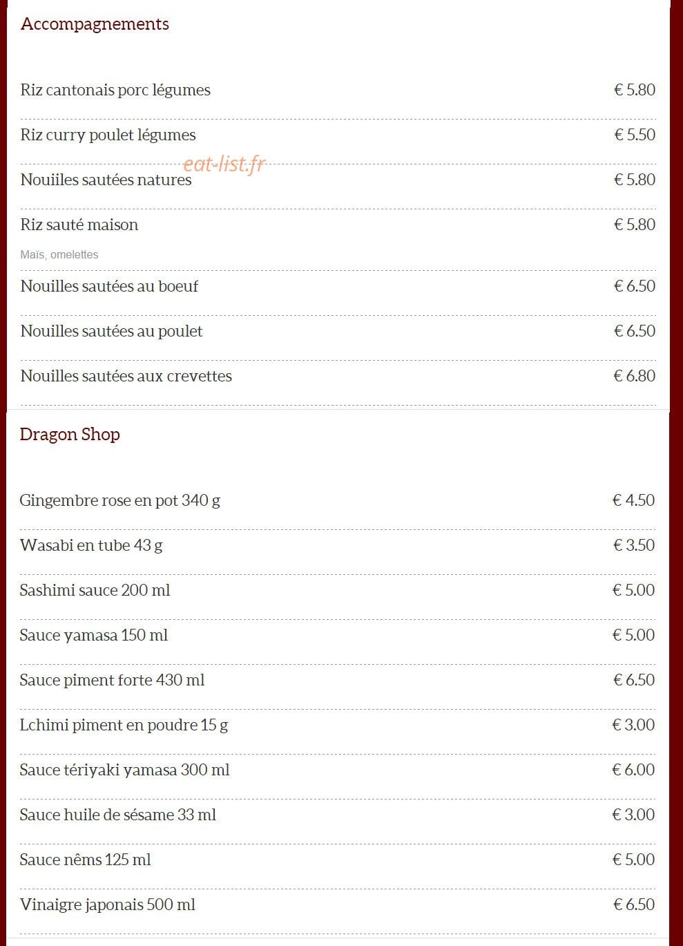 Carte et menu de Dragon d'Orient Japonais à Fontenay Sous Bois — Accompagnements et dragon shop